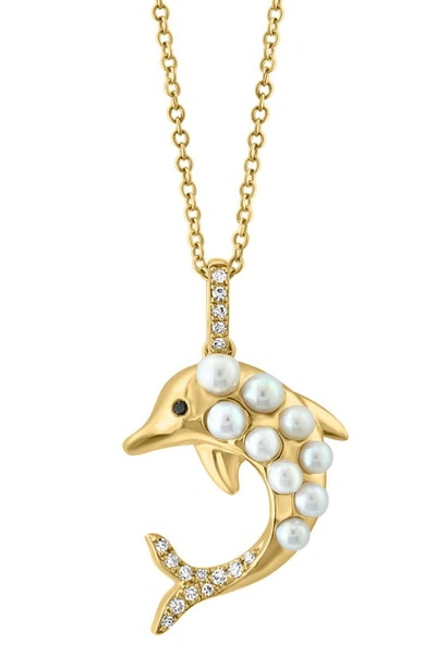 Shop Effy 14k Gold Diamond & 2-3mm Cultured Pearl Dolphin Necklace In Yellow