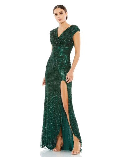 Shop Mac Duggal Cap Sleeve Sequined Evening Gown In Forest Green