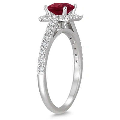 Shop Monary 1 Carat Tw Princess Cut Ruby And Diamond Halo Engagement Ring In 14k White Gold In Red