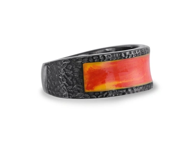 Shop Monary Mista Lava Black Rhodium Plated Sterling Silver Textured Red Orange Enamel Band Ring