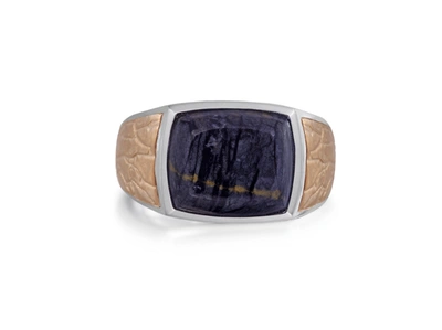 Shop Monary Grey Picture Agate Stone Signet Ring In Brown Rhodium Plated Sterling Silver In Multi