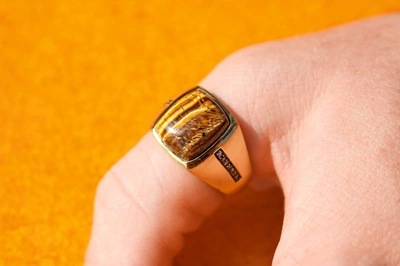 Shop Monary Chatoyant Yellow Tiger Eye Stone & Champagne Diamond Signet Ring In 14k Yellow Gold Plated Sterling  In Brown