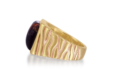 Shop Monary Chatoyant Red Tiger Eye Stone Signet Ring In Brown Rhodium & 14k Yellow Gold Plated Sterling Silver In Multi