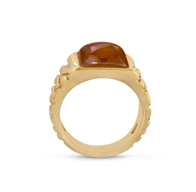 Shop Monary Cracked Agate Stone Signet Ring In Brown Rhodium & 14k Yellow Gold Plated Sterling Silver