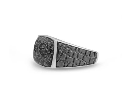 Shop Monary Fossil Agate Stone Signet Ring In Black Rhodium Plated Sterling Silver