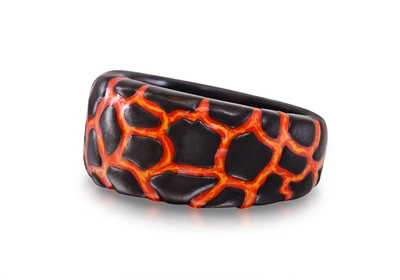 Shop Monary Earth & Fire Black Rhodium Plated Sterling Silver Textured Red Orange Enamel Band Ring In Brown