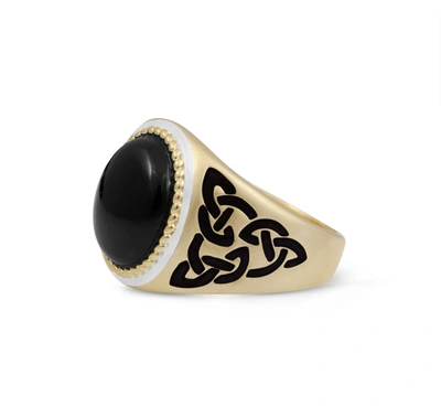 Shop Monary Black Onyx Stone Signet Ring In 14k Yellow Gold Plated Sterling Silver With Enamel In Brown