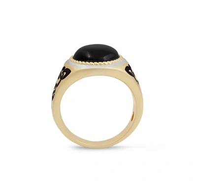 Shop Monary Black Onyx Stone Signet Ring In 14k Yellow Gold Plated Sterling Silver With Enamel In Brown
