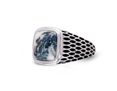 Shop Monary Tree Agate Stone Signet Ring In Black Rhodium Plated Sterling Silver In Blue