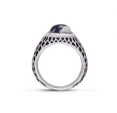 Shop Monary Tree Agate Stone Signet Ring In Black Rhodium Plated Sterling Silver In Blue