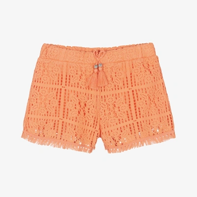 Shop Mayoral Girls Pale Orange Crochet Cotton Shorts