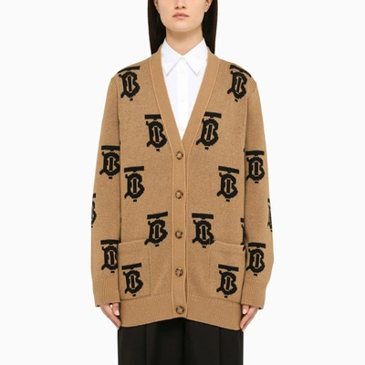 Shop Burberry Wide Camel/black Cardigan In Beige