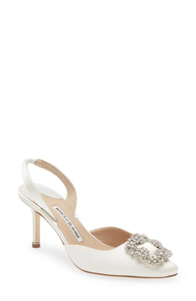 Manolo Blahnik Hangisli Crystal Buckle Pointed Toe Slingback Pump In Cream