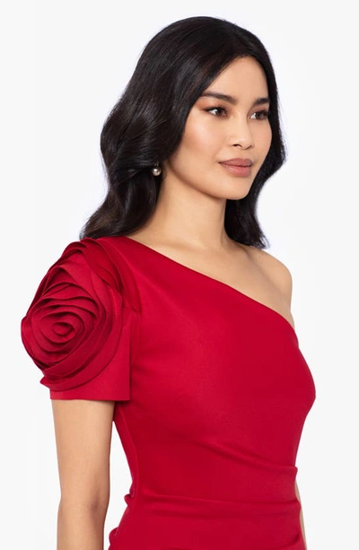 Shop Xscape Rosette Detail One-shoulder Gown In Red