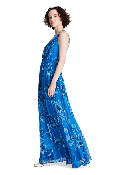 Shop Halston Mindy Floral Chiffon A-line Gown In Ocean Painted Floral Print