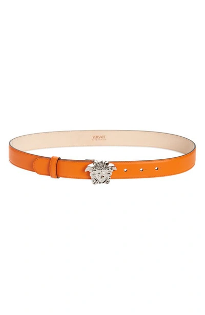 Shop Versace Medusa Leather Belt In Orange/ Palladium