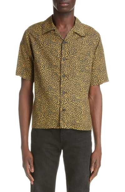 Shop Saint Laurent Hawaii Animal Print Short Sleeve Button-up Shirt In Black/ Camel