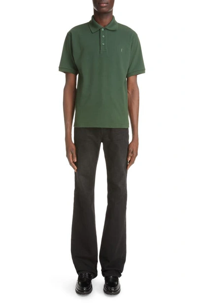 Shop Saint Laurent Embroidered Monogram Cotton Blend Polo In Vert Fonce