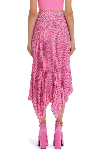 Shop Versace La Greca Handkerchief Hem Crêpe De Chine Midi Skirt In Pink/ Fuchsia
