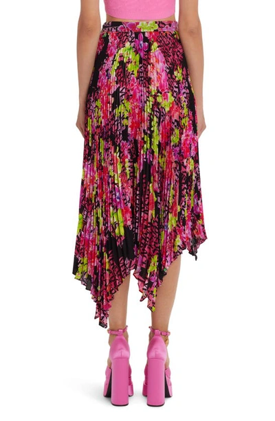 Shop Versace Orchid Print Pleated Handkerchief Hem Crêpe De Chine Midi Skirt In Black/ Pink