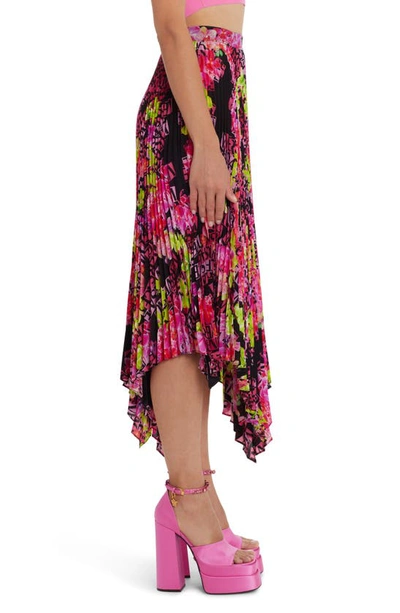 Shop Versace Orchid Print Pleated Handkerchief Hem Crêpe De Chine Midi Skirt In Black/ Pink