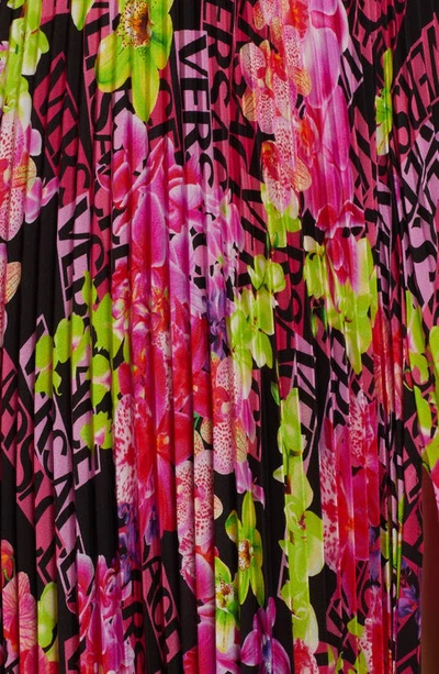 Shop Versace Orchid Print Pleated Handkerchief Hem Crêpe De Chine Midi Skirt In Black/ Pink