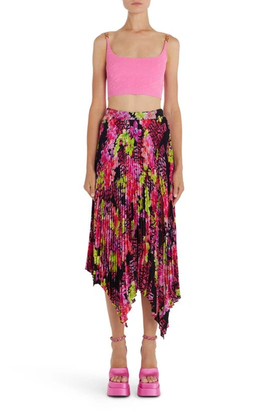 Shop Versace Orchid Print Pleated Handkerchief Hem Crêpe De Chine Midi Skirt In Black/ Pink