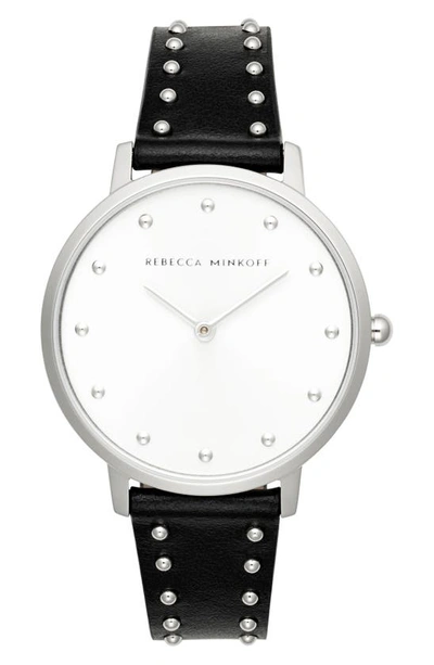 Shop Rebecca Minkoff Major Stud Leather Strap Watch, 35mm In Black/ Silver