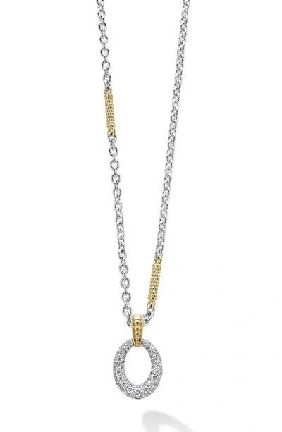 Lagos Sterling Silver Caviar Diamond Oval Pendant Necklace In Gold