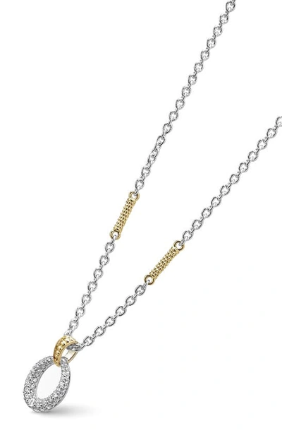 Lagos Sterling Silver Caviar Diamond Oval Pendant Necklace In Gold