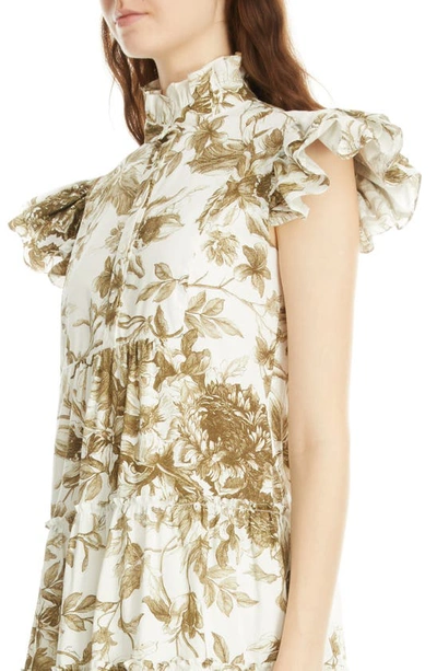 Shop Erdem Pomona Floral Ruffle Sleeve Tiered Dress In White/ Olive