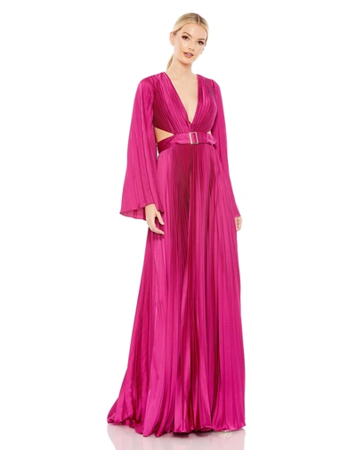 Shop Mac Duggal Long Sleeve Lace Up Back Charmeuse Gown - Final Sale In Fuchsia