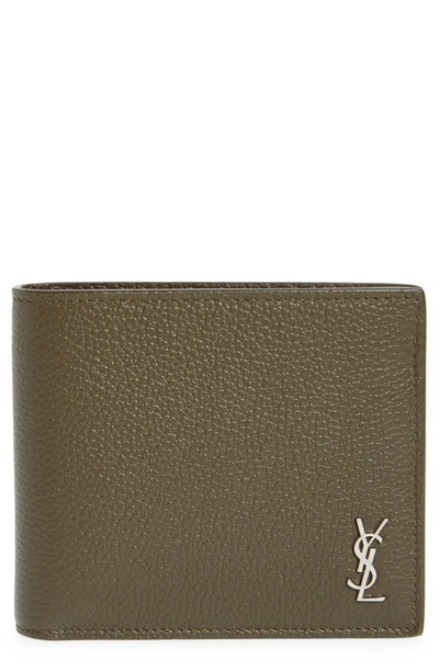Shop Saint Laurent Tiny Monogram East/west Leather Bifold Wallet In Kaki Fonce