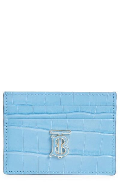 Shop Burberry Tb Monogram Croc Embossed Leather Card Case In Cool Cornflower Blue