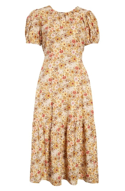 Shop Madewell Libby Floral Print Puff Sleeve Midi Dress In Sand