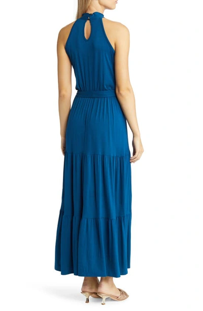 Shop Loveappella Tiered Halter Maxi Dress In Teal