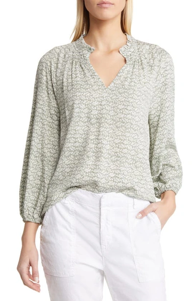 Caslon Floral Print Split Neck Shirt In Green Dune- Ivory Ella Geo