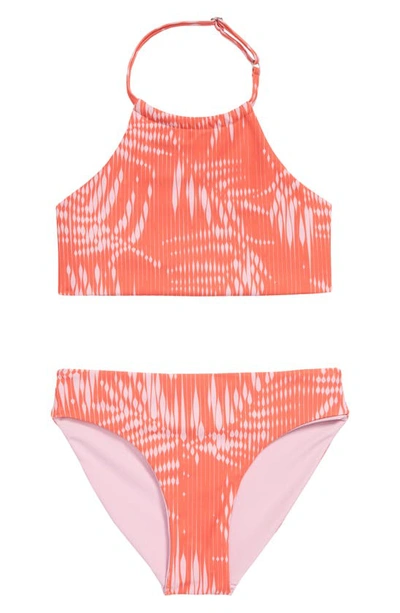 Shop Zella Girl Kids' Just Breathe Reversible Two-piece Swimsuit In Coral Hot Seamless Palm