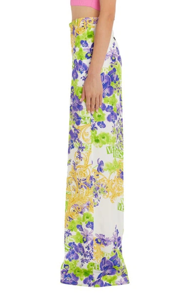 Shop Versace Orchid Print Wide Leg Cady Pants In White/ Green