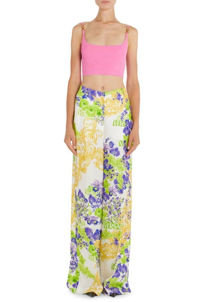 Shop Versace Orchid Print Wide Leg Cady Pants In White/ Green