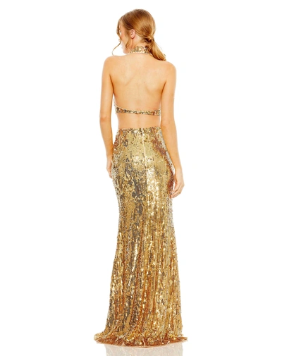 Shop Mac Duggal Open Back High Neck Sequin Gown In Gold Nude