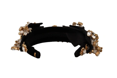 Shop Dolce & Gabbana Clear Crystal Embellished Silk Fiocco Diadem Women's Headband In Gold Black