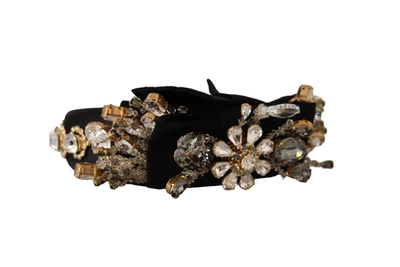 Shop Dolce & Gabbana Clear Crystal Embellished Silk Fiocco Diadem Women's Headband In Gold Black