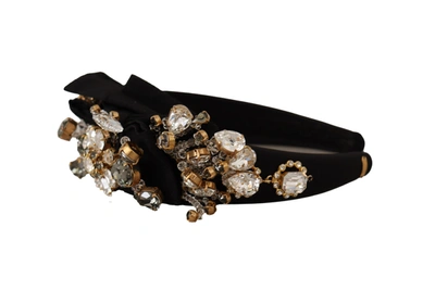 Shop Dolce & Gabbana Clear Crystal Embellished Silk Fiocco Diadem Women's Headband In Gold Black