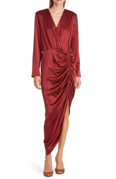Shop Veronica Beard Cameri Ruched Long Sleeve Stretch Silk Midi Dress In Cabernet