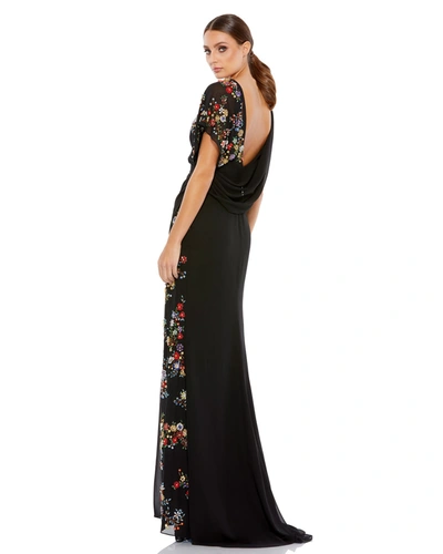 Mac Duggal Floral Beaded Flutter Sleeves Chiffon V Neck Faux Wrap Dress In Black Multi