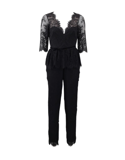 Shop Marchesa Notte Belted Lace Jumpsuit In Black