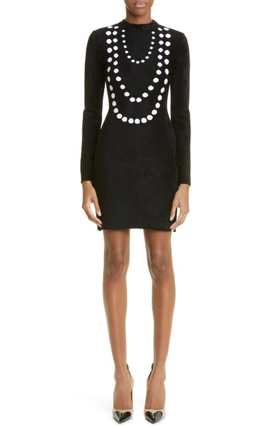 Shop Alaïa Pearls Detail Long Sleeve Wool Blend Sweater Dress In Noir/ Blanc