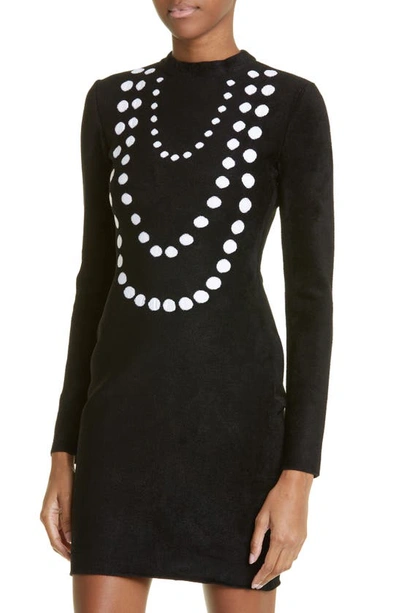 Shop Alaïa Pearls Detail Long Sleeve Wool Blend Sweater Dress In Noir/ Blanc