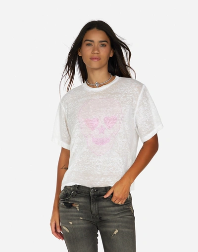 Lauren Moshi Linnea Pink Peace Love Skull In White Burnout